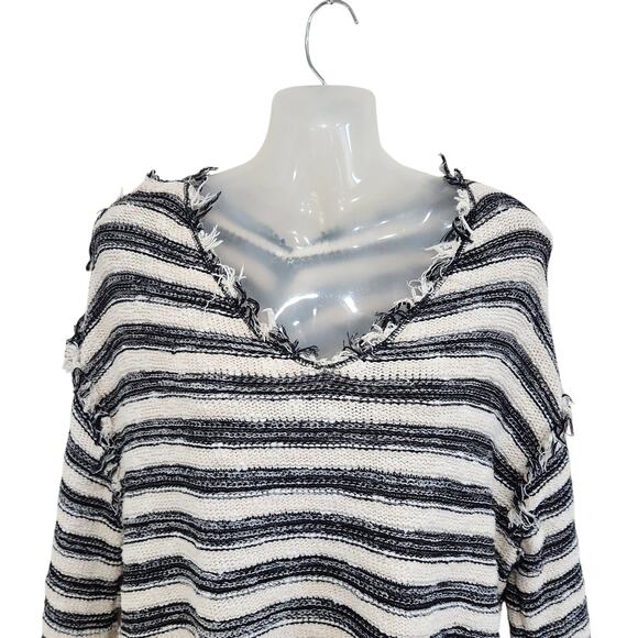 Free People Spells Trouble Stripe Pullover Sweater 3/4 Sleeve Ivory Black Small - Picture 3 of 11